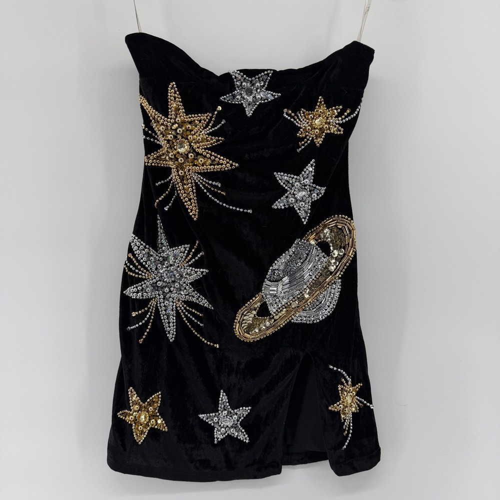 Starry Eyed Black Velvet Celestial Beaded Star Planet Strapless Mini Dress 6